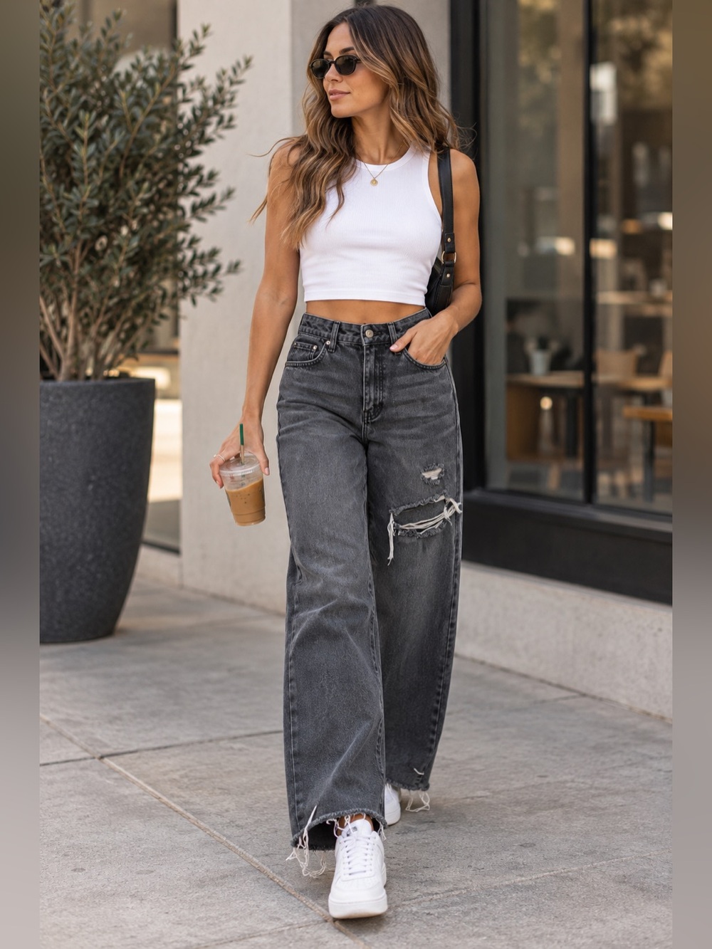 PacSun Womens 24 Black Distressed Wide Leg Jeans Ripped Raw Hem High Rise Denim